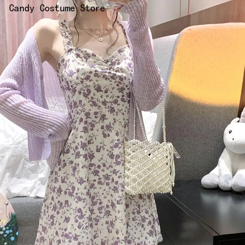 

Sexy Casual Dresses Woman Summer Party Sleeveless Y2k Sling Aesthetic Floral Print Midi High Waist Harajuku Female Clothing