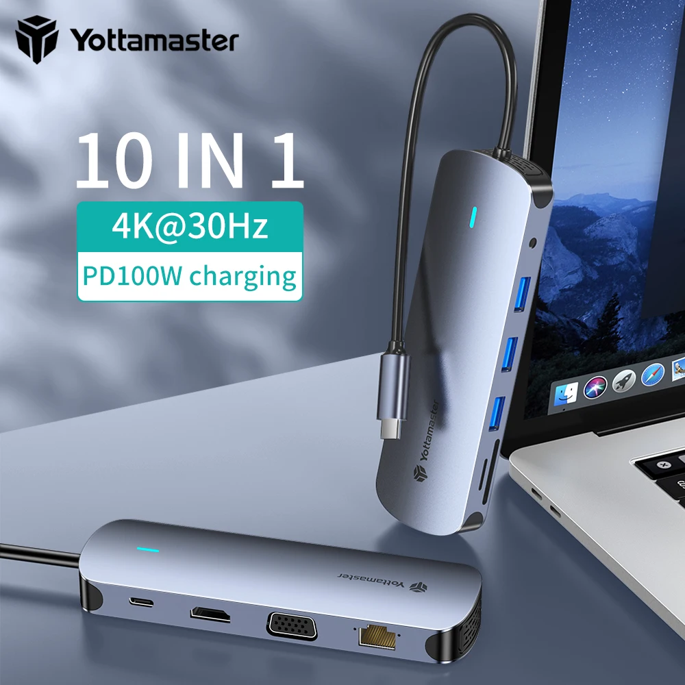 

Yottamaster USB HUB Adapter 5Gbps RJ45 USB3.1 PD100W Type-C HDMI/VGA SD/TF Case 5/6/8/9/10 Port Multi-Fonction Docking Station