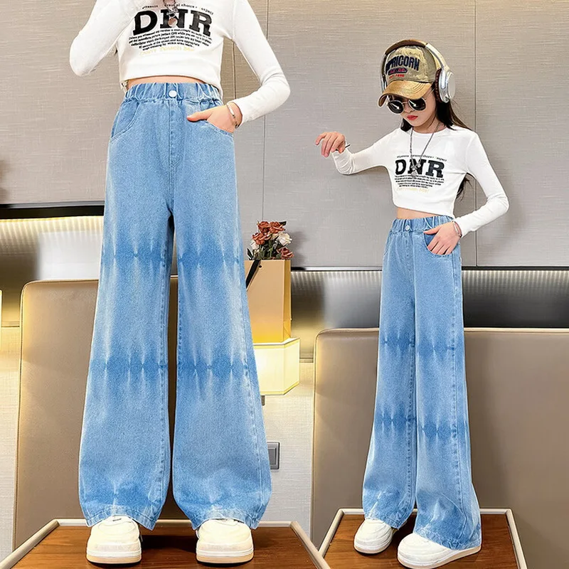 

Girls Jeans 2024 Spring New Paste Cloth Tie Dye Design Wide Leg Pants Kids Trendy Teenage Children's Trousers 8 10 14 Years