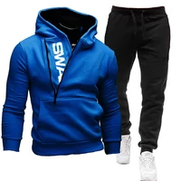 Men Tracksuit Casual 2 Pieces Sets Zipper Sweatshirt Hooded+Sweatpants Print Sportswear Mens Clothes Solid Jogger Sport Suit 4XL