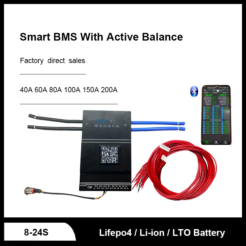 JK 스마트 액티브 BMS 8-24S 100A 스마트 BMS (0.6A 액티브 밸런싱, 블루투스 및 디스플레이 포함) 8-24S 0.6A 100A BMS JK-BD6A24S10P
