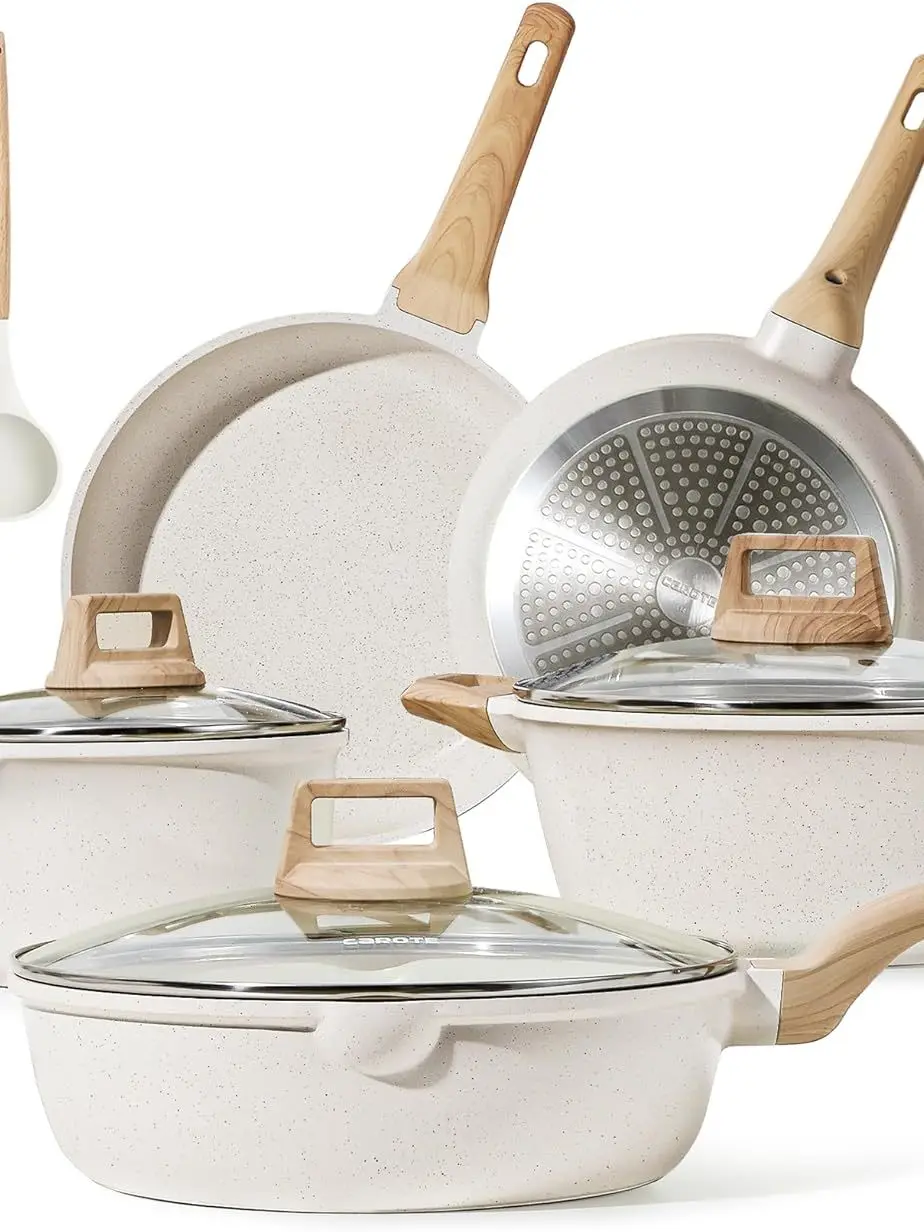 

Набор антипригарных кастрюль и сковородок CAROTE, набор индукционной кухонной посуды из белого гранита, 11 антипригарных сковородок