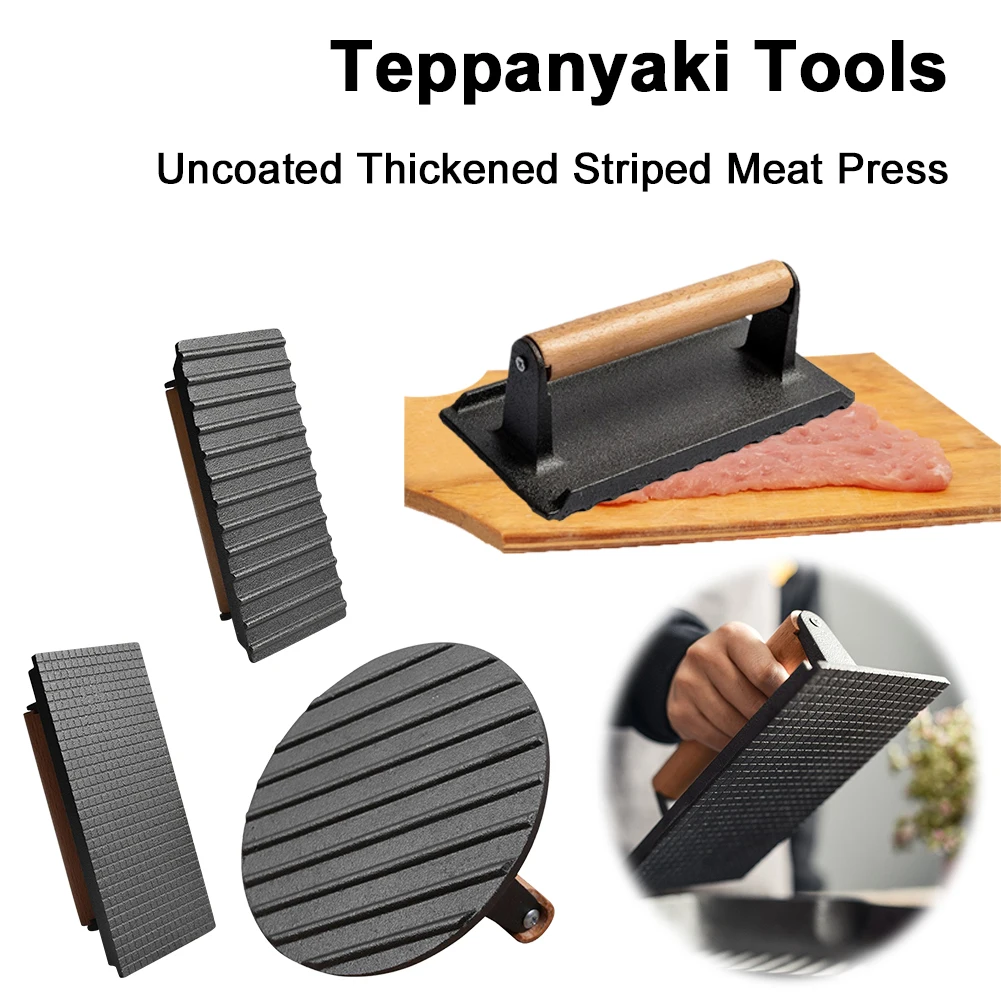 Cast Iron Flat Top Grill Hamburger Grinder with Wooden Handle Kitchen Heavy Flat Steak Weight/Bacon Press Hamburger Patty Maker