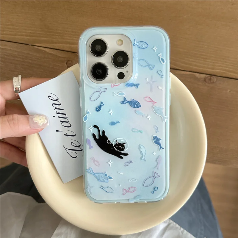 Charming Blue Fish Cat Phone Case with Chain and Shockproof Silicone Border