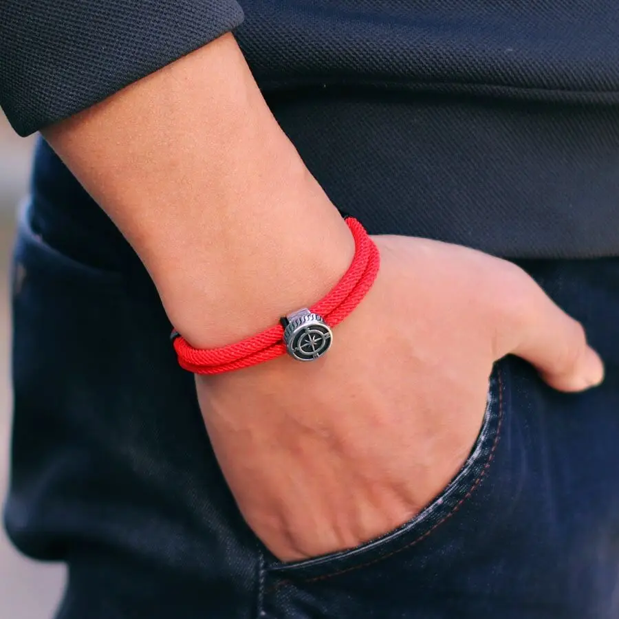 Vintage Navigation Compass Mens Rope Bracelet with Red Thread