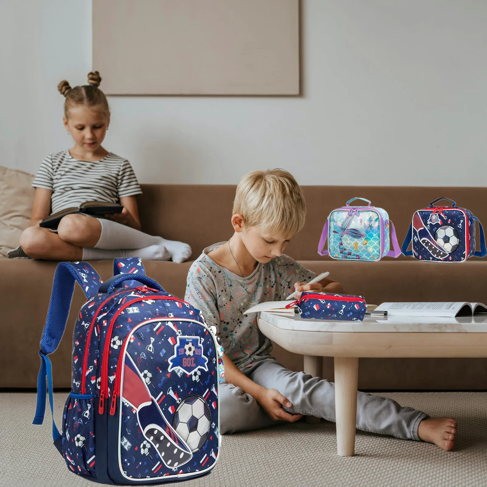 School Bookbag for Boy Football Pattern Backpack Kids Backpack Waterproof School Bag Mochila Infantil Lunchbox Child Pencil Case 6