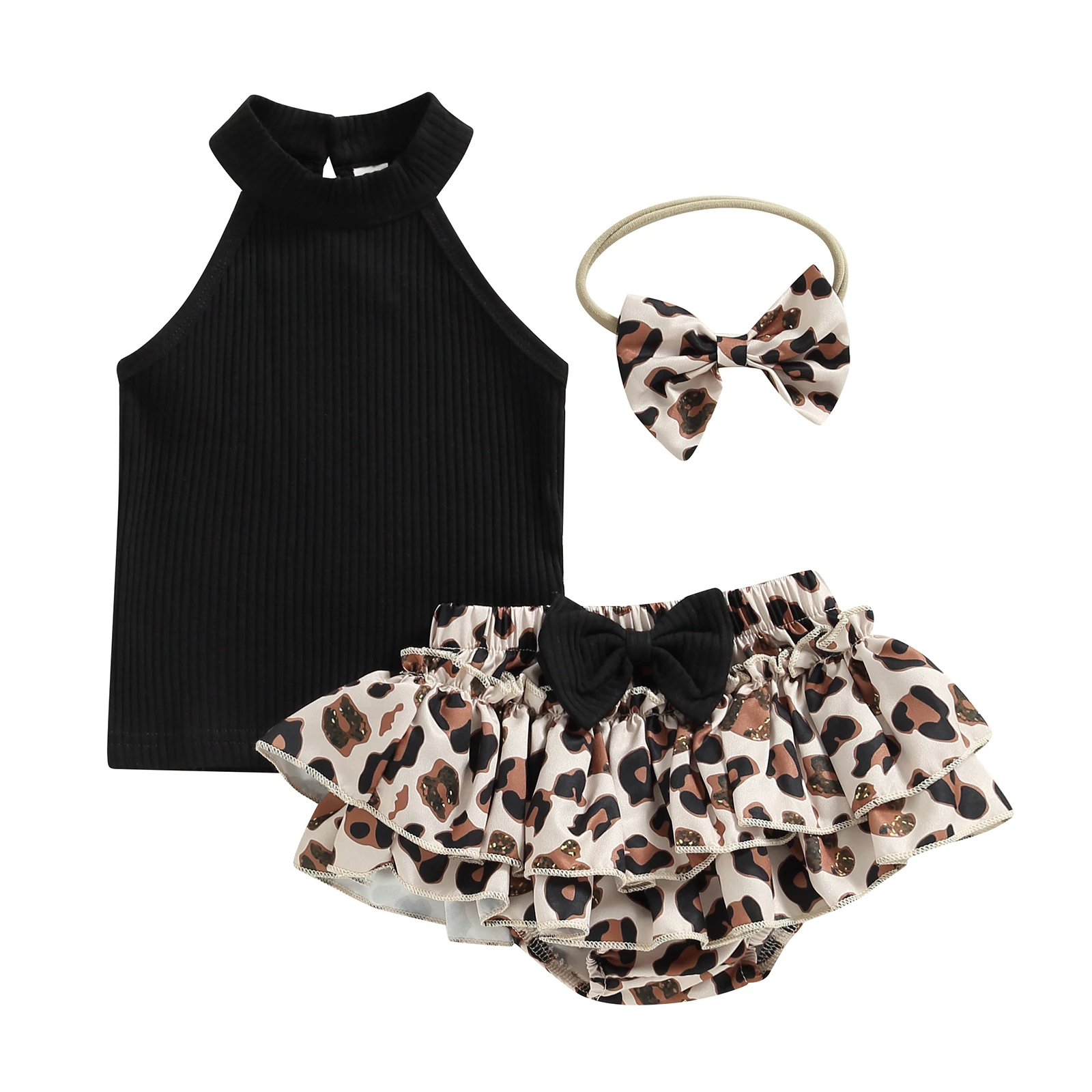Baby Girl 3Pcs Summer Outfits, Sleeveless Halter Tops + Ruffle Shorts + Headband Set 3M-24M