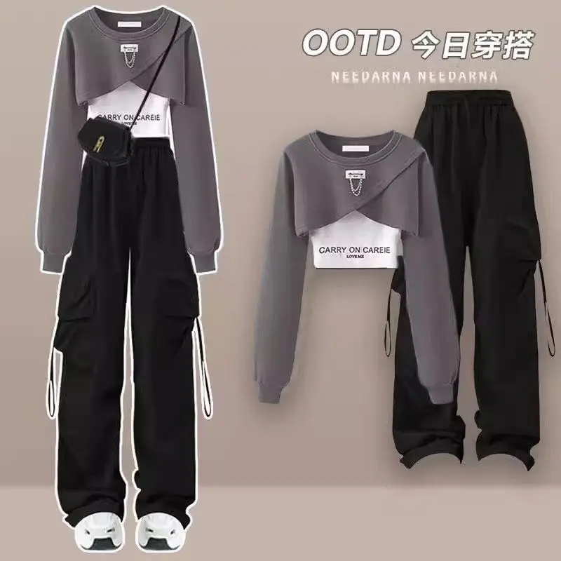 Korean Style Patchwork Long Sleeved T-shirt Work Pants Wide Leg Pants Two-piece Casual Student Pants Set Autumn Outfits