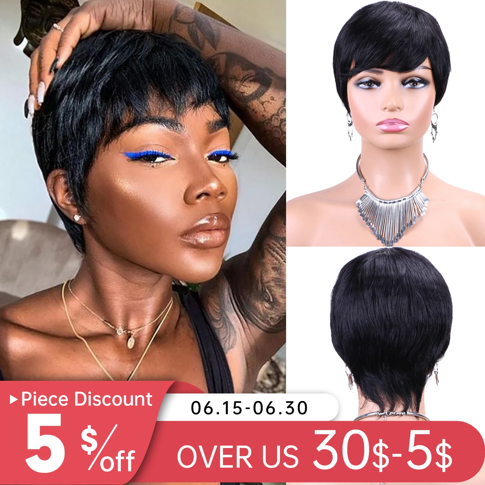 Black Short Human Hair Wigs Pixie Cut Straight Natural Looking Human Hair Wigs for Black Women Machine Made Glueless Cheap Wig