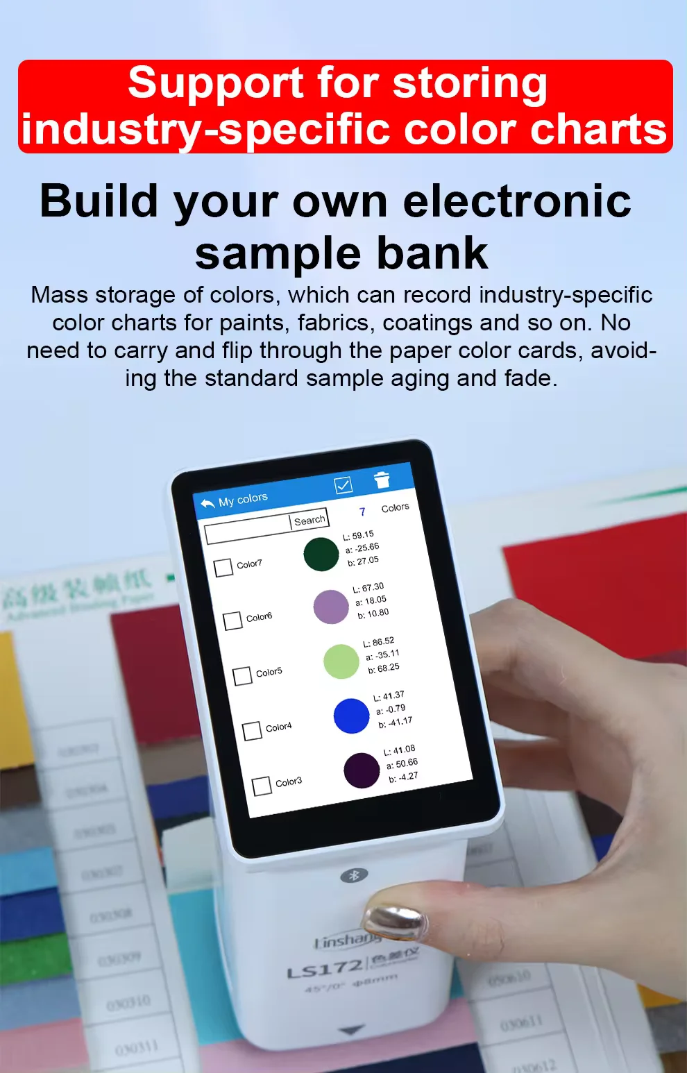 LS172 45/0 Colorimeter with Touch Screen Touch screen operation Built-in multiple electronic color charts Color comparison, QC 4