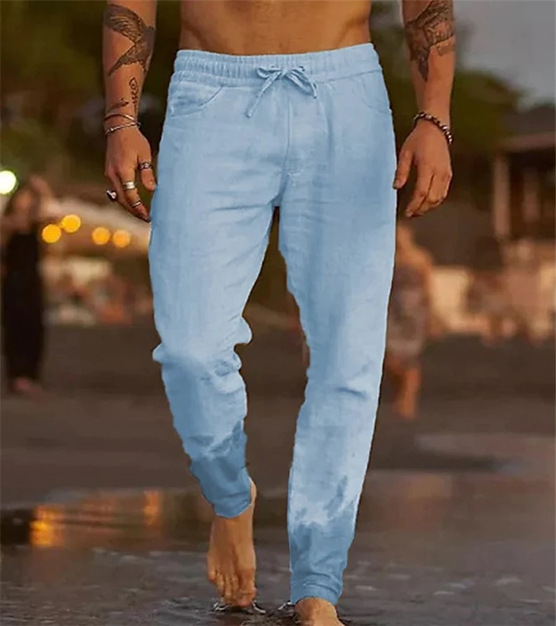 Men's Cotton Linen Pants Summer Solid Color Breathable Linen Trousers ...
