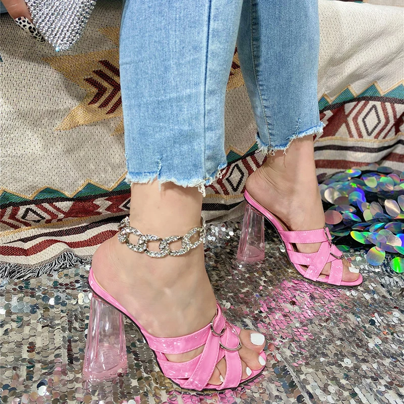 Kcenid Summer Narrow Band Button Women Slippers Street Style Design Transparent Square High Heels Metal Buckle Women Sandals