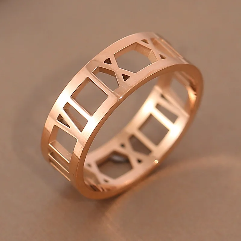 Hollow Out Roman Numerals Lovers Ring Rose Gold Color Woman Gift Fashion Stainless Steel Jewelry Never Fade