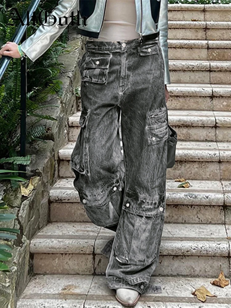 

AltGoth Vintage Streetwear Denim Pants Women Dark Academia Goth Harajuku Low Waist Loose Trousers Hip Hop Y2k E-girl Cargo Jeans