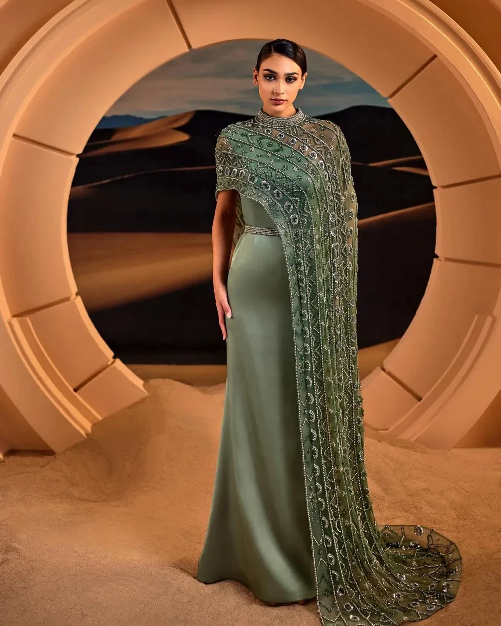Cape Sleeves Mermaid Satin Evening Dresses Luxury Beading High Neck Sequin Arabic Formal Wedding Party Prom Gown Customized 3