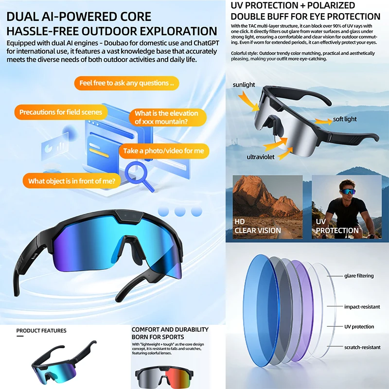 Occhiali Smart Sportivi - Per Ciclismo e Corsa - Registrazione Video HD 800W - Traduzione AI - Chiamate e Musica Bluetooth - Occhiali Intelligenti - immagine 5