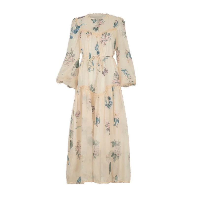 Extended Lace Long Sleeve Belted Floral A-Line Maxi Dress