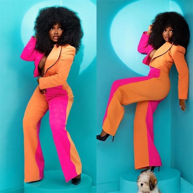 

Women Pants Suits Set 2 Pieces Stitching Color High Waist Trousers+Blazer Женский костюм Rose Red And Orange Fashion Jacket