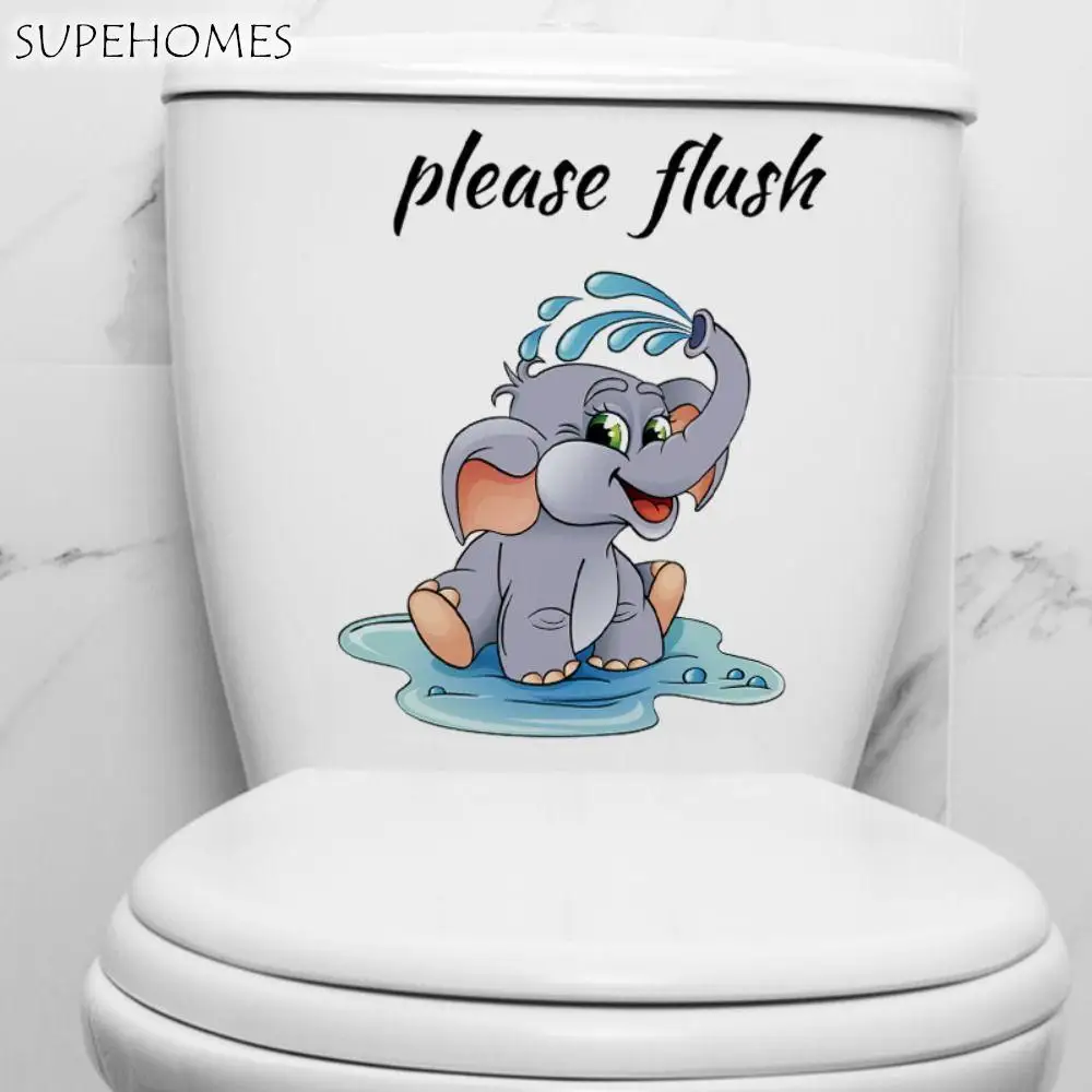 Cute Elephant Playing with Water Wall Stickers Toilet Bathroom Decorative Stickers Cartoon Room Wallpaper Home Decoration