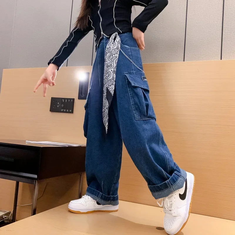 Wide Leg Jeans for Girls Autumn New 2023 Blue Pocket Design Teenage Kids  Cargo Pants Casual Loose Dance School Children Trousers