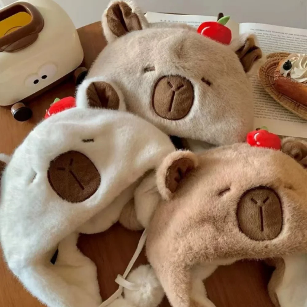 Cartoon Capybara Fluffy Warm Hat Women Winter Ear Protection Cap Pullover Hat Outdoor Sports Windproof Bear Cap Beanie Hat