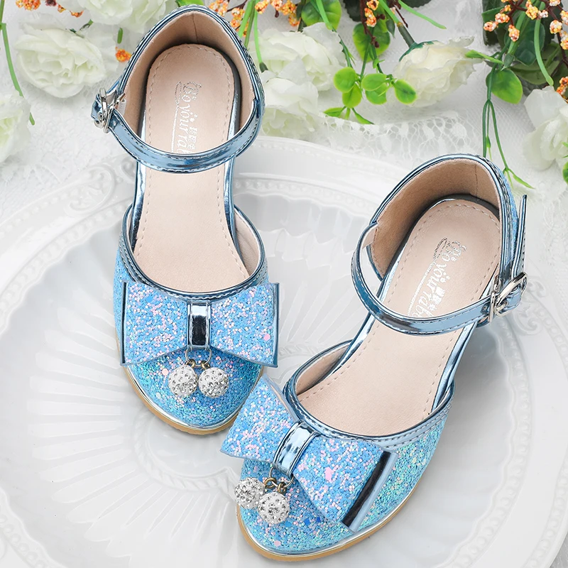 Girls Mary Jane Bow Low Heels Shoes Kids Shiny PU Wedding Party Birthday Party Kid Princess Dress Shoes