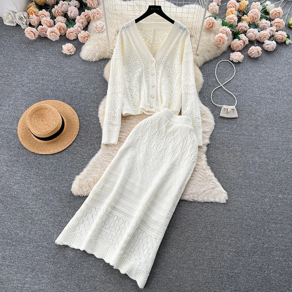 

Croysier Autumn Winter Clothes For Women 2023 Openwork Knit Sets V Neck Cardigan Sweater And High Waist Midi Skirt Two Piece Set