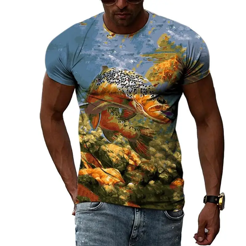 

Summer Leisure Fish Pattern Men's T-shirt Hip Hop 3D Print Personality Rod Neck Short Sleeve Tops Series Two