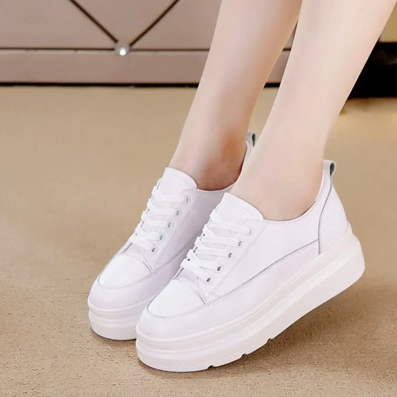 

Comemore Casual Woman White Footwear New Spring Summer Thick Sole Shoes Genuine Leather Women Sneakers Height Increasing Shoe 34