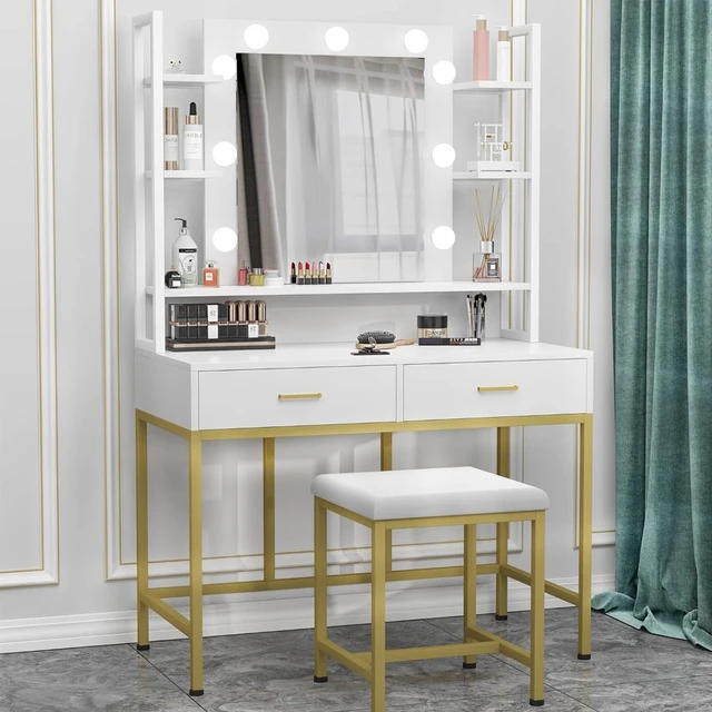 Makeup Vanity Desk with Mirror and Lights, Dressing Table Set with 2  Drawers and Stool, Girls Vanity Table for Bedroom - AliExpress