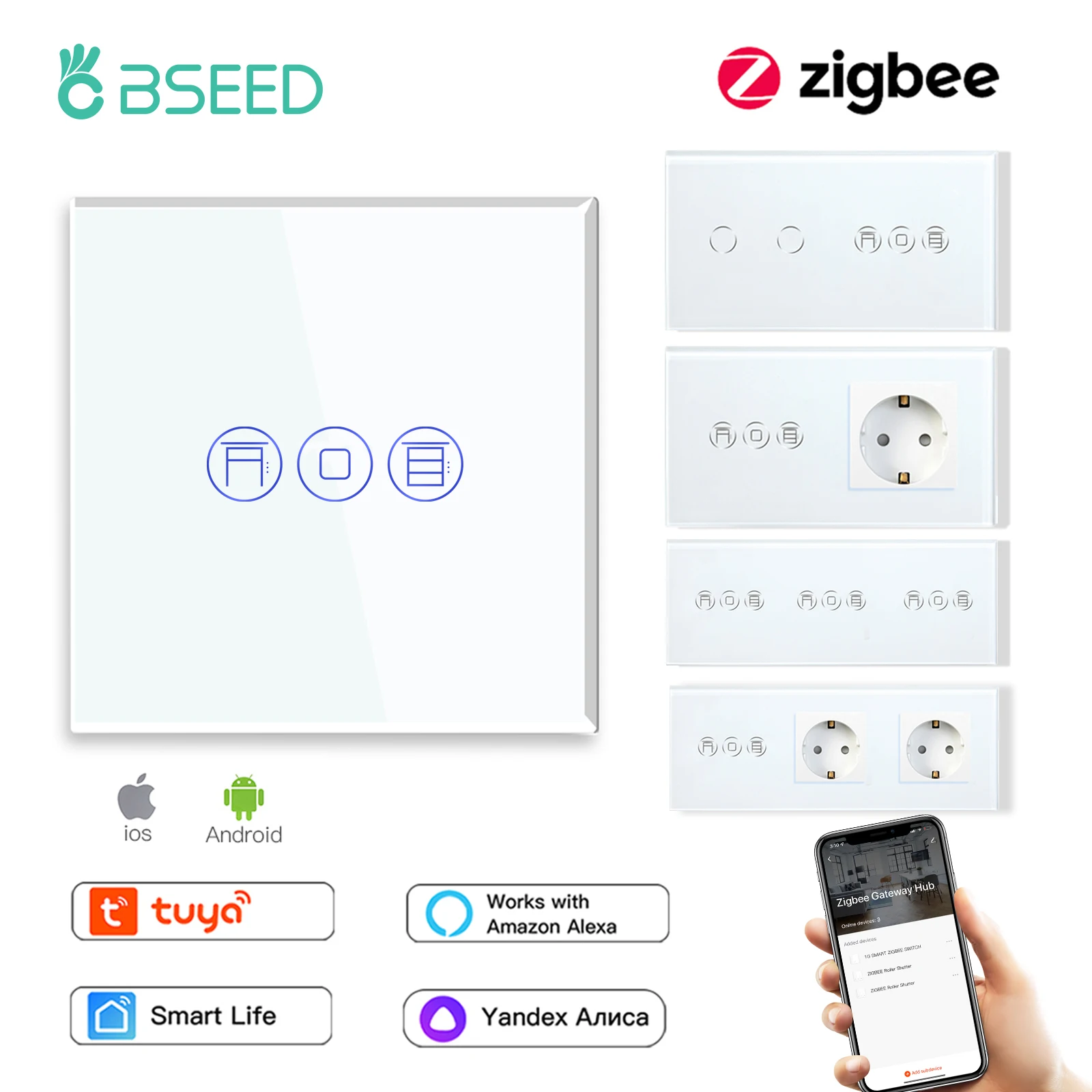 BSEED Zigbee สมาร์ทผ้าม่านสวิทช์ลูกกลิ้งไฟฟ้าชัตเตอร์สวิทช์ EU ซ็อกเก็ต USB Type-C พอร์ต Tuya Alexa Smart Life App 1