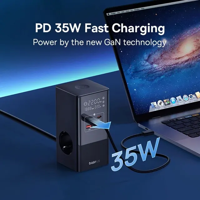 شاحن سريع Baseus 35 واط شريط طاقة 7 في 1 مع واقي تدفق 1200J لهاتف iPhone شاو شاو