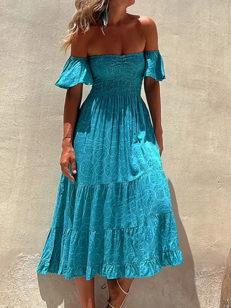 

Off Shoulder Women Elastic Waist Solid Dress Elegant Female Beach Style Backless Dress Summer Casual Loose Hollow Out Club Dress