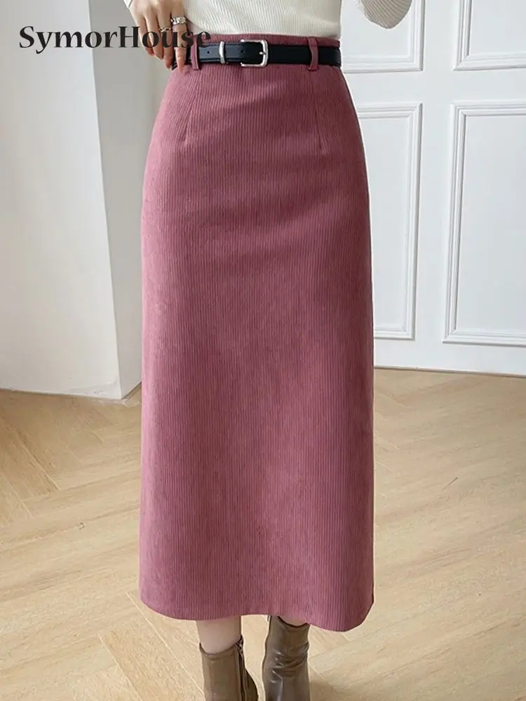 

2023 Autumn Winter Corduroy Skirt Women High Waist Simple Casual Midi Skirt Female Elegant Back Split Wrap -Hips Skirts Belts