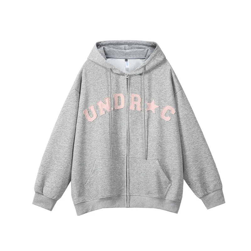 Vintage letter patch hooded cardigan sweatshirt women's spring new loose oversize casual couple outerwear