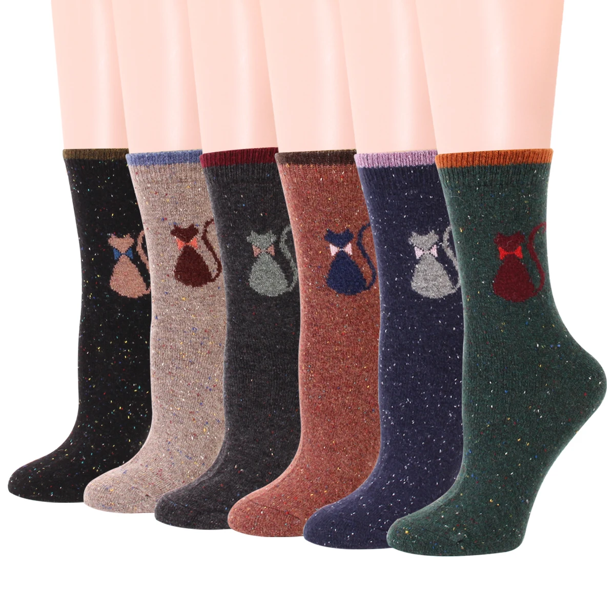 

Winter Women's Wool Socks Jacquard Cute Cat Warm Color dot Cashmere Socks 6 Pair