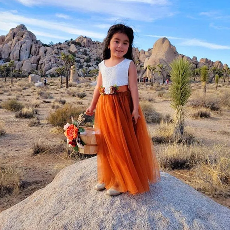 Forest Flower Girls Wedding Dress for Kids Orange Children Clothing Sleeveless Long Tulle Princess Party Gown Vestido