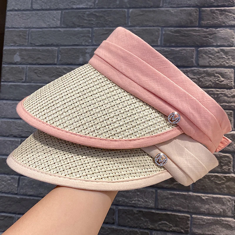Womens Fashion Empty Top Straw Hat Travel Beach Sunshade Sun Hat Foldable Cruise Visor Cap For Ladies