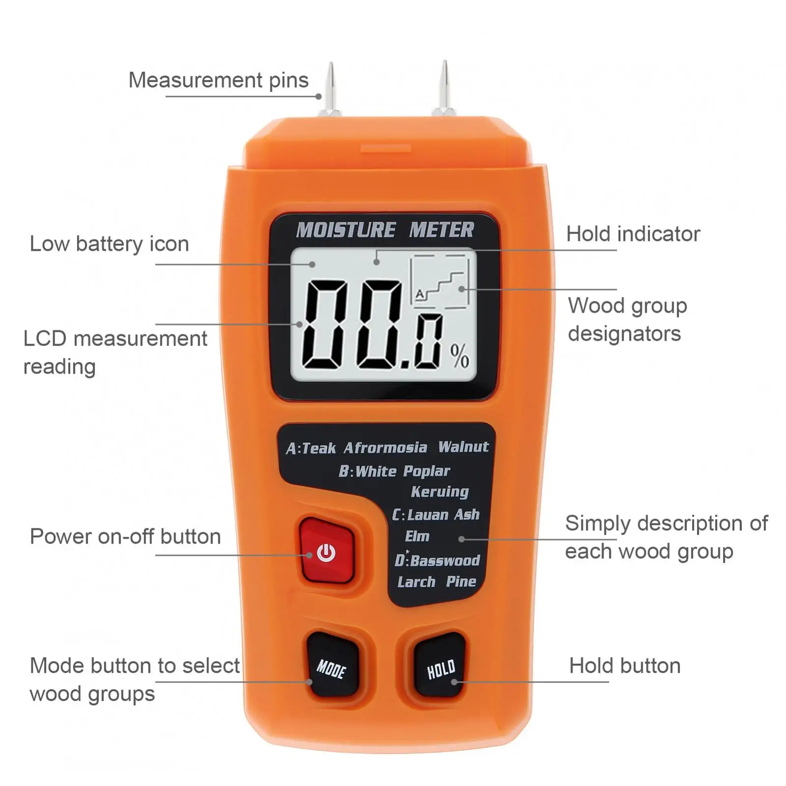 Wood Moisture Meter Moisture Meter 0-99.9% Two Pins Digital Wood Moisture Meter Wood Humidity Tester Hygrometer Timber Damp Detector LCD Display