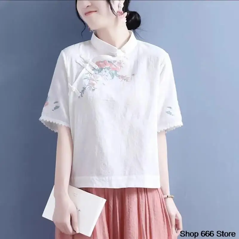 Spring Summer Cotton Linen Solid Color Standing Collar Women's Short Sleeve Top Chinese Style Retro Zen T-shirt Tang Suit Hanfu