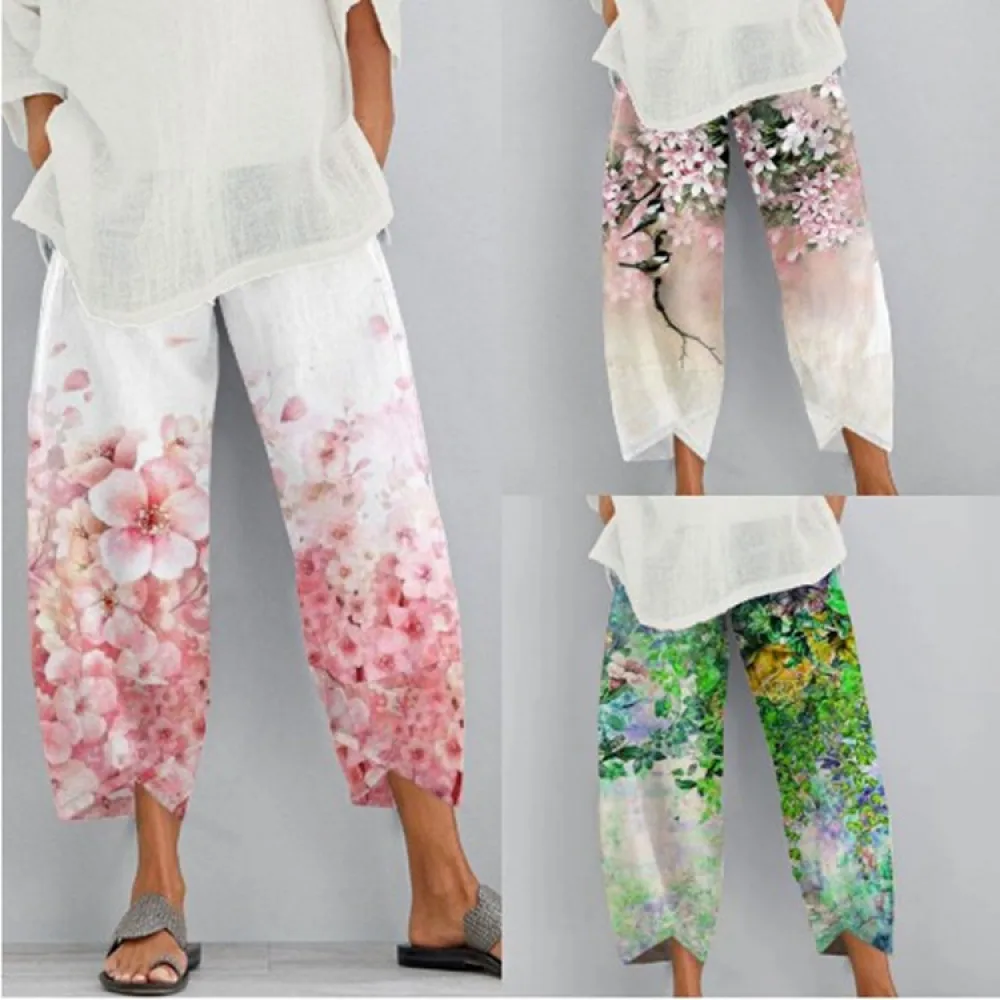 Women's Spring New Fashion Flower Printing Cropped Pants Linen Casual Ventilated Comfort Streetwear Mid Waist Straight Trousers