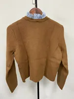 2024 New Women Camel Metal Button Knitted Cardigan Letter Embroidery Pocket Removable Collar Lady Long Sleeve Retro Sweater Coat 1