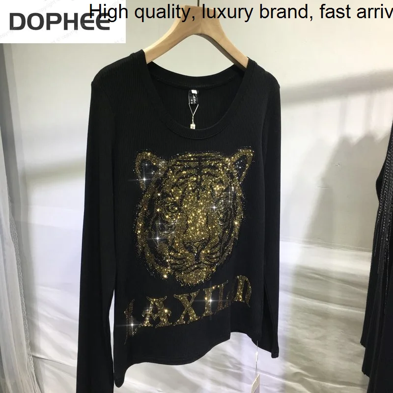 

Hot Drilling Blingbling Domineering Tiger Head Women Bottoming Top All-match Autumn O-neck Long Sleeve Black Cotton T-shirt Slim