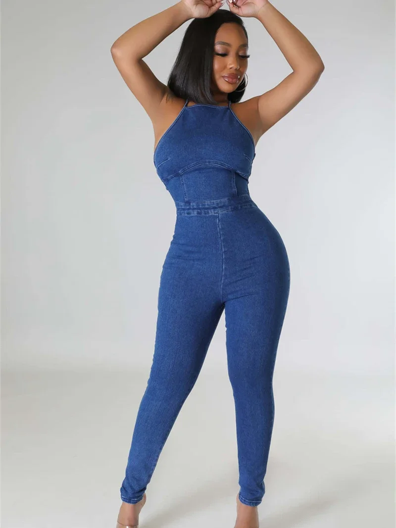 

Sexy Backless Bandage Denim Jumpsuit Women Clothing Summer Outfit Sleeveless Bodycon Jean Rompers Playsuits One Pieces Overalls