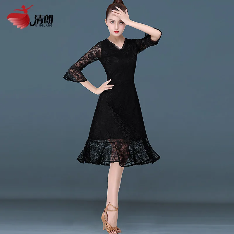 

Black Lace Mid Sleeve Dress Latin Dance Costume Women Dance Exercise Clothes Latin Ballroom Dance Performance Dancewear L22063