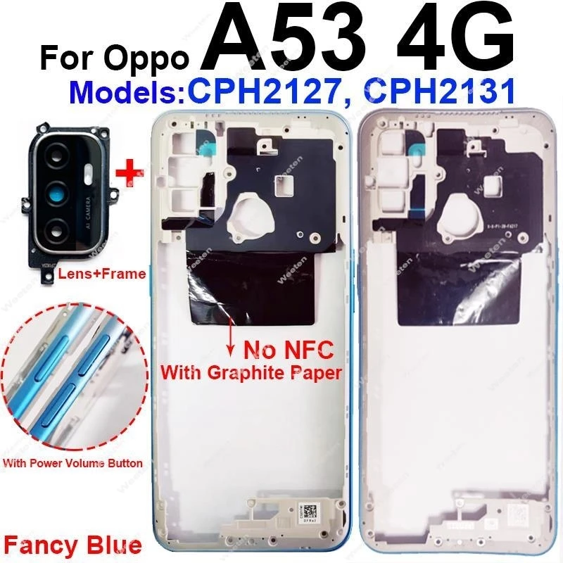 OPPO A53S A53 4G A53 5G CPH2127 CPH2131 용 중간 프레임 하우징 커버 NFC 흑연 종이가있는 뒷면 커버 배터리 하우징 베젤
