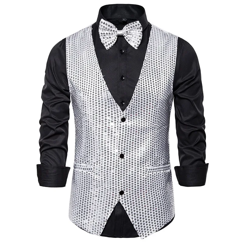 Sleeveless Vests for Men Paillette Homme Steampunk Shiny Gold Sequin 2 Pieces Mens Vest with Bowtie Party Stage Prom Waistcoat 5