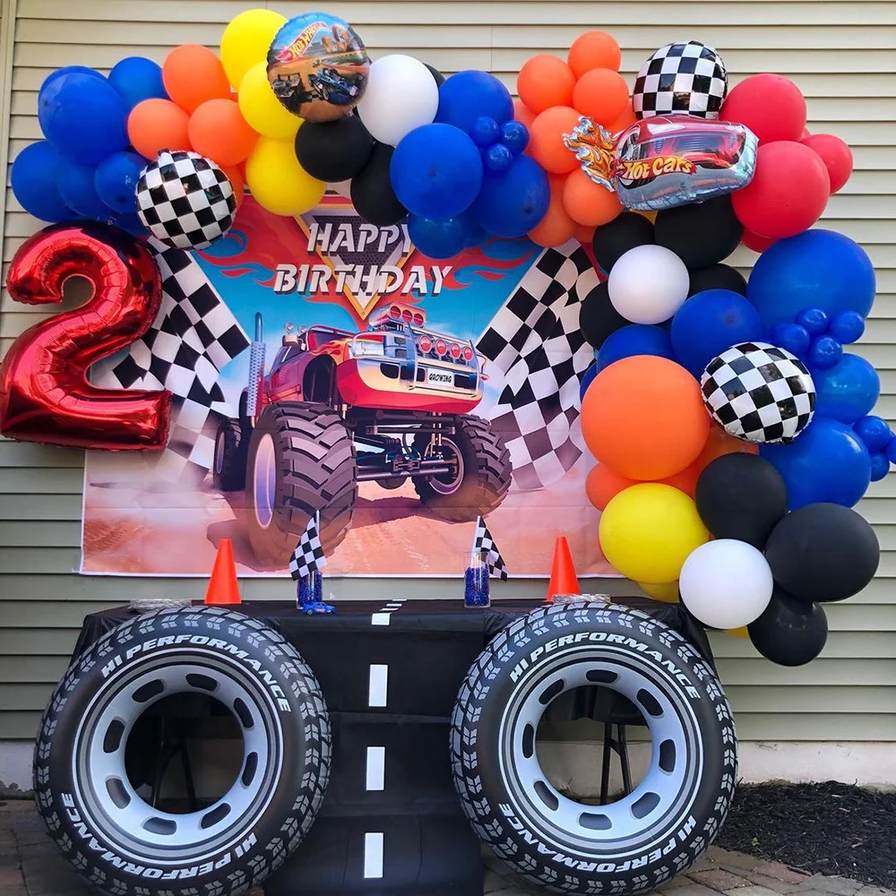 Hot Wheels Birthday Party Supplies Tableware Inflatable Balloon Racing Car Theme Checkered Flag Traffic Cone Cake Topper Decor