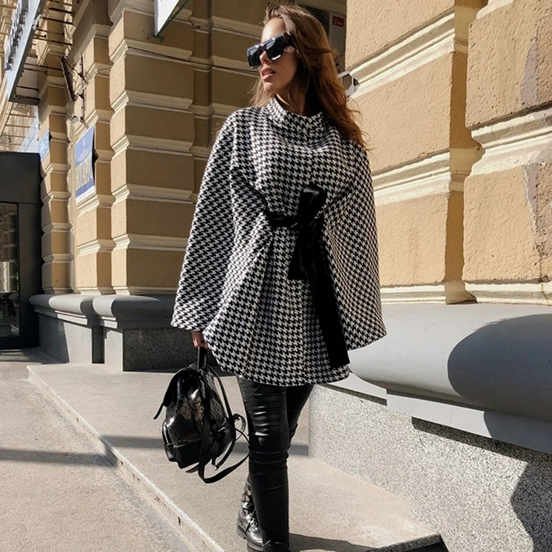

Fashion Retro Houndstooth Bowknot Cloaks Women O-Neck Pullover Autumn Winter Capes Thick Warm Grey Loose Ponchos with Free Belt