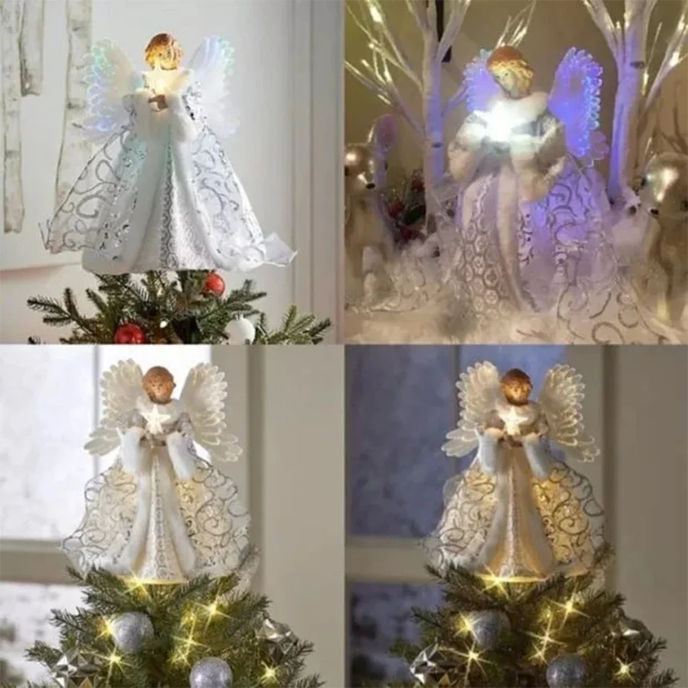 Christmas tree decoration Angel Tree Topper Flat Pendant Xmas Tree Topper Decorative with Lights Reusable Festival Theme for Indoor Office Decoration